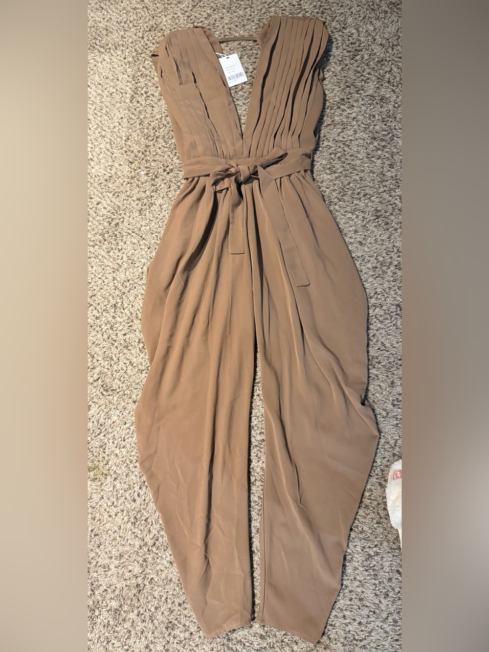 Pleated V-Neck Wide-Leg Jumpsuit with Self-Tie Waist in Taupe